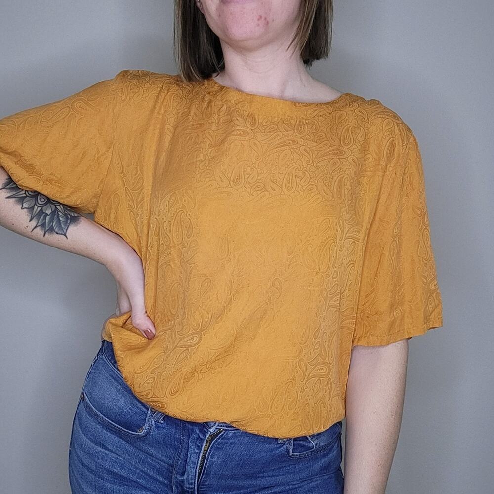 Women's Vintage Silkland Orange Paisley Pure Silk Blouse Size Large
